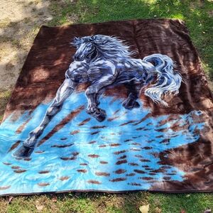 Vintage San Marcos Horse Print Blanket in Brown and Blue. Heavy Weight